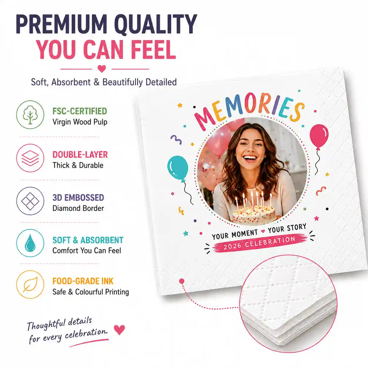 Premium personalised birthday napkin with FSC-certified virgin wood pulp, double-layer paper and 3D embossed border