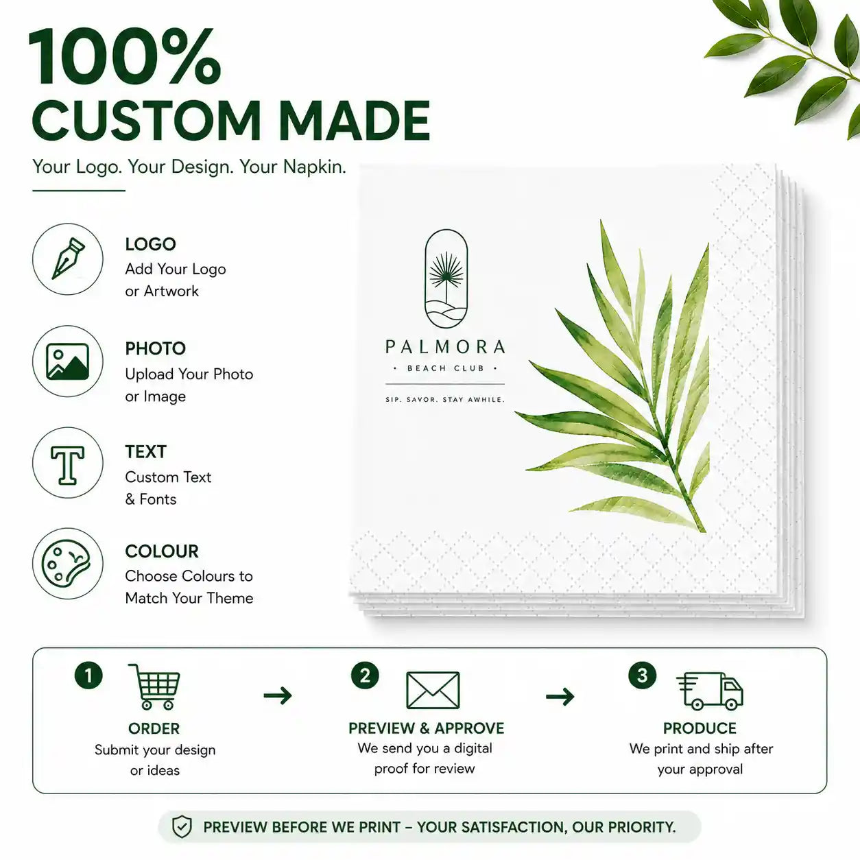 Custom personalised napkins with logo, photo, text, font and colour options