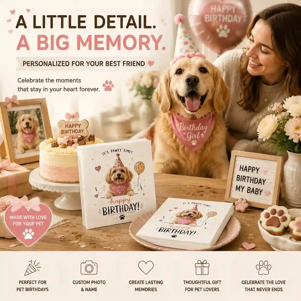 Pet owner celebrating birthday with personalized napkins and custom party decorations