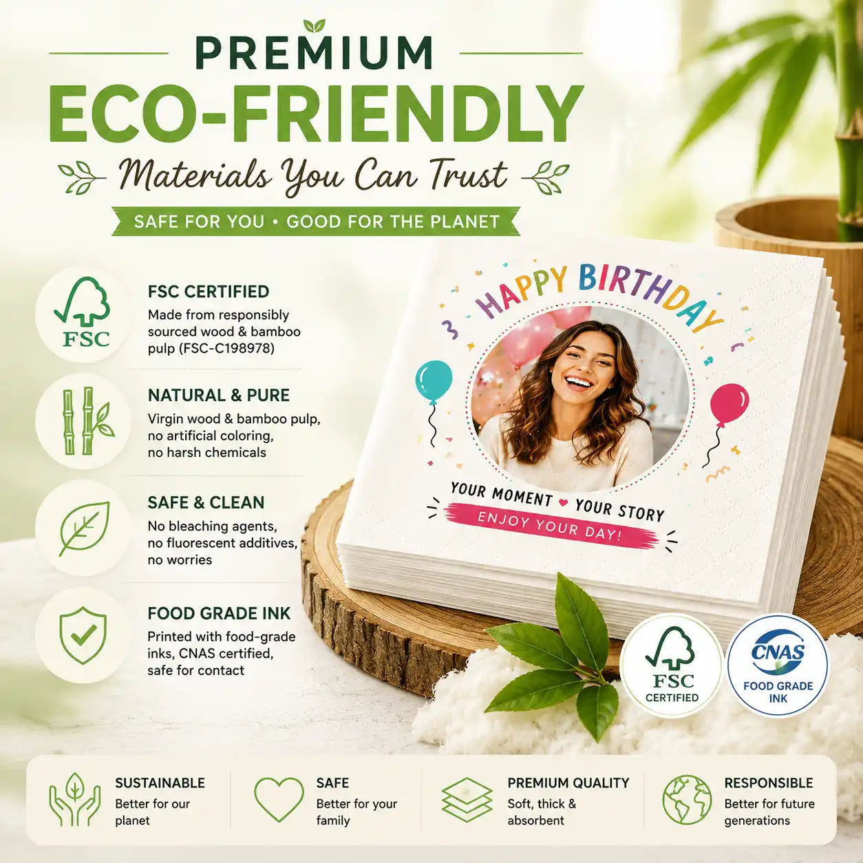 FSC certified eco friendly personalized napkins made with premium virgin pulp materials