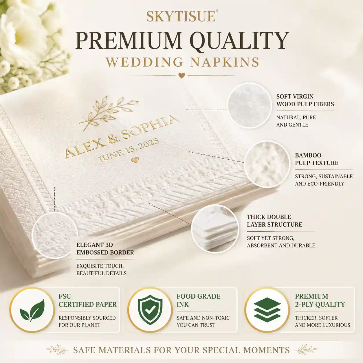 SKYTISUE FSC certified wedding napkins made with virgin wood and bamboo pulp, food grade ink, and premium double layer paper