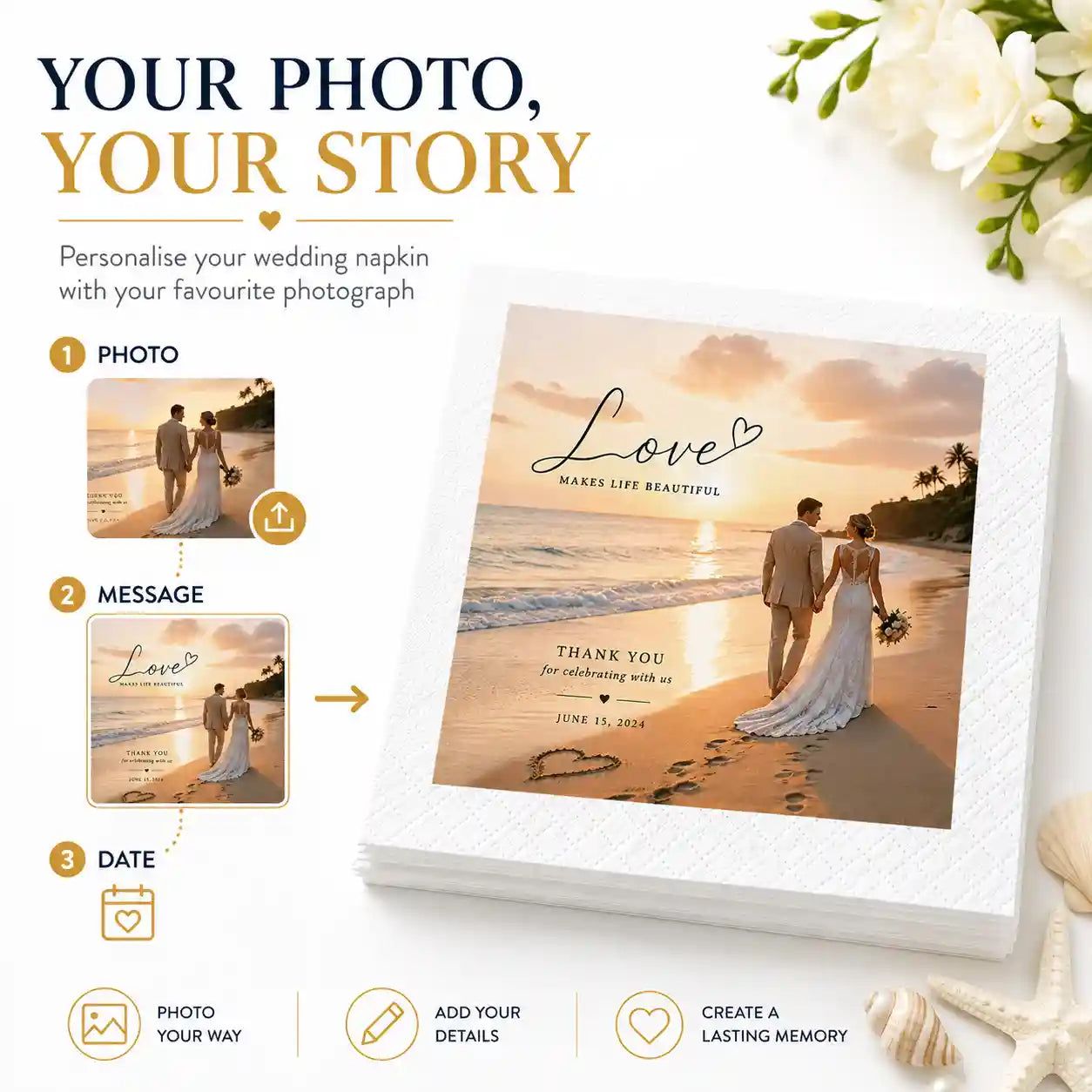 Custom photo wedding napkin showing personalised photograph, message and wedding date options