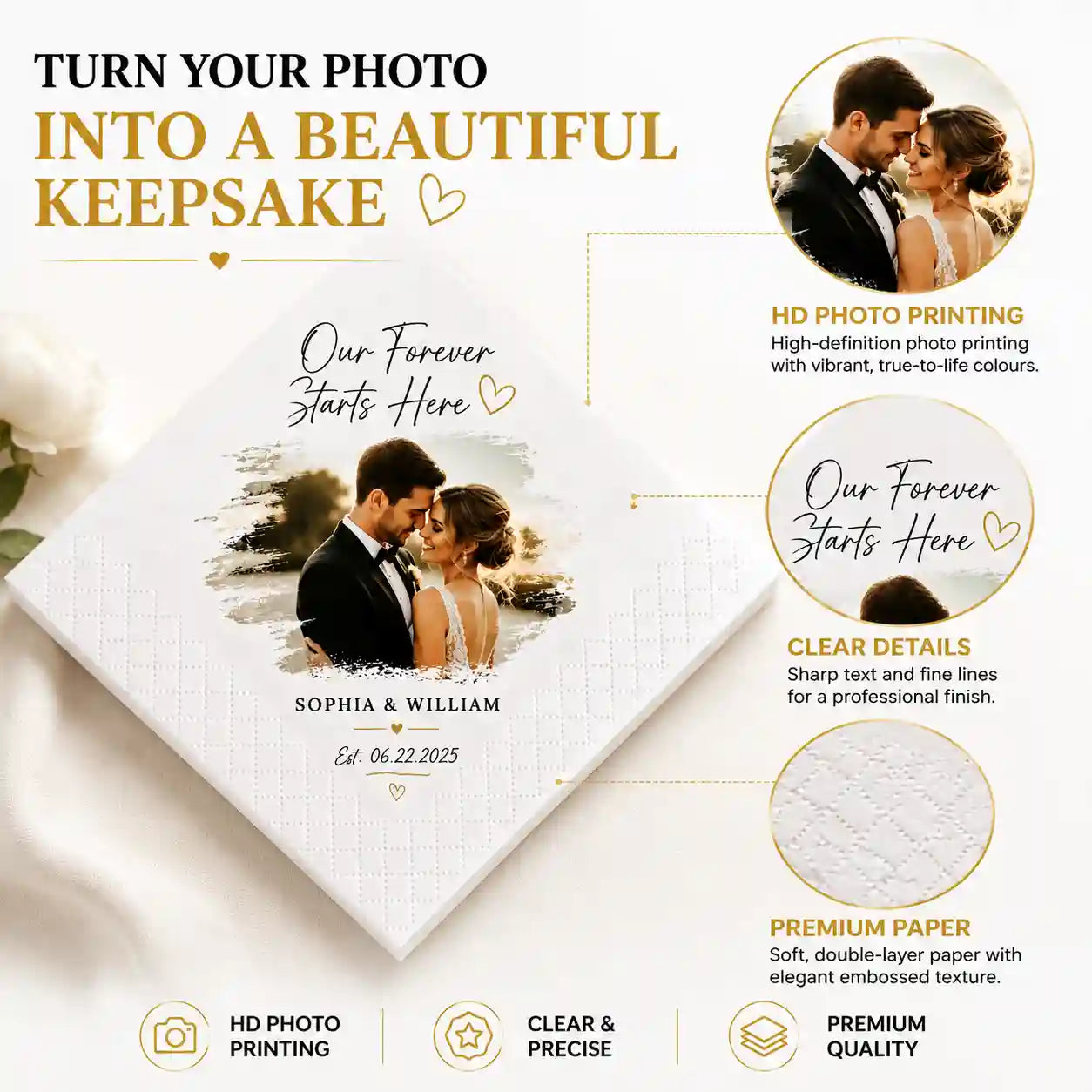 FSC certified custom printed wedding napkins with high definition photo printing, double layers and embossed details