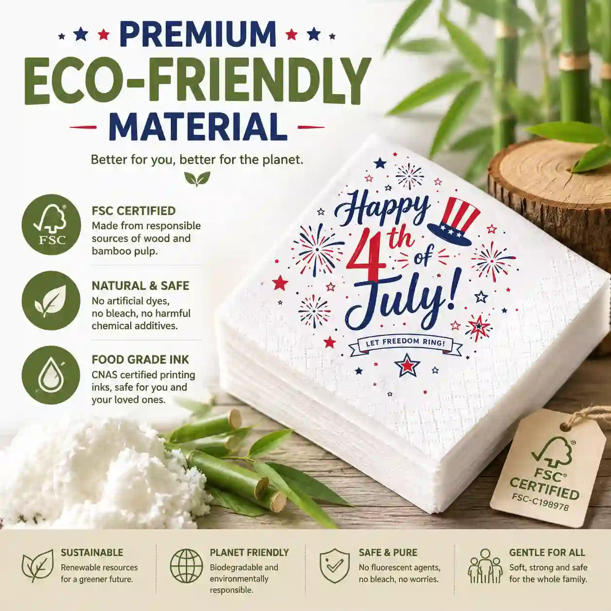 FSC certified eco friendly personalized napkins made with premium virgin pulp and food grade printing technology