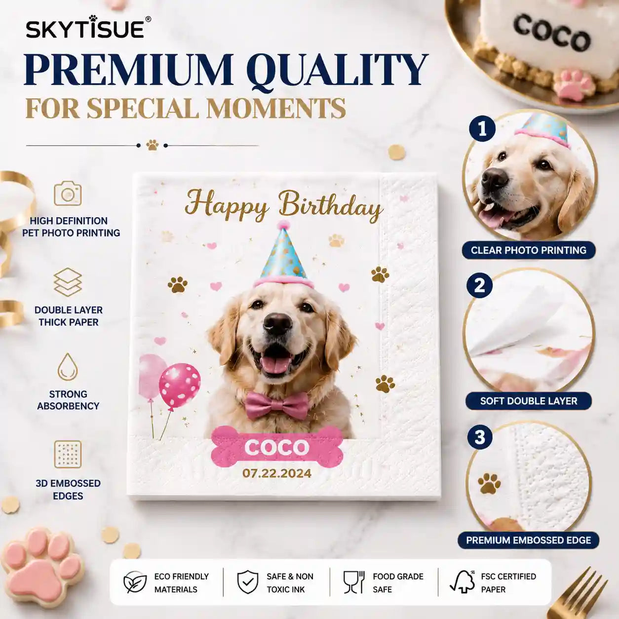 Premium personalized pet napkins with high definition photo printing, double layer soft paper, embossed edges and eco friendly materials