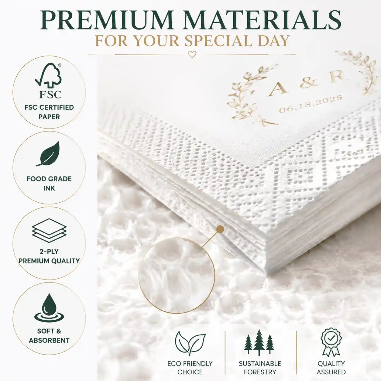 FSC certified personalized wedding napkins made with premium paper, food grade ink and soft absorbent material
