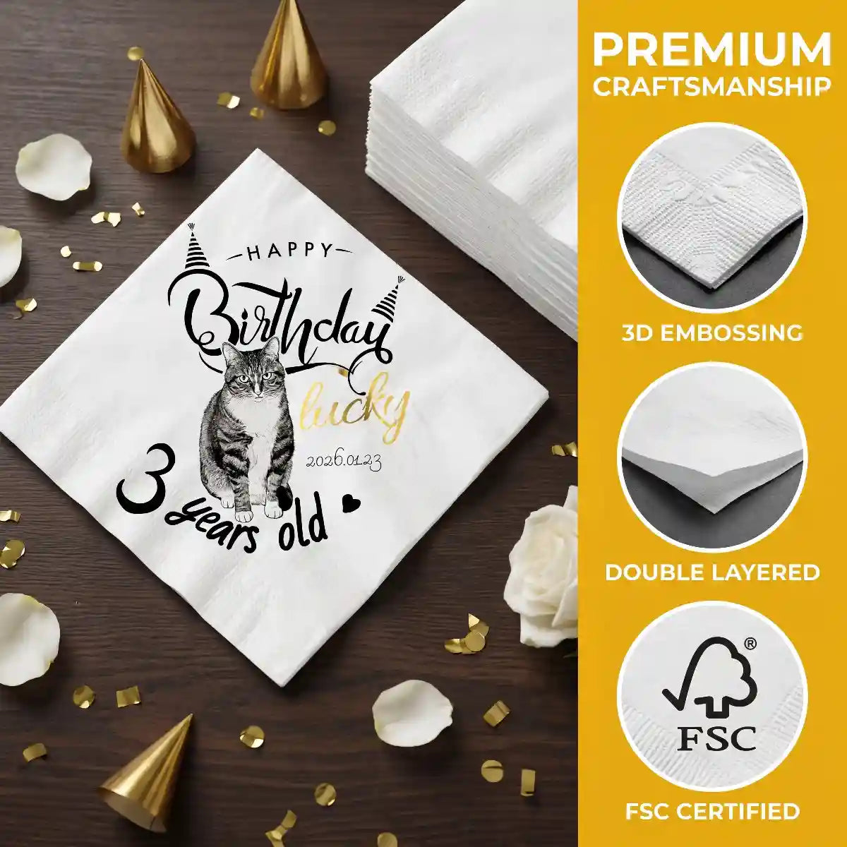 Premium custom pet napkins with FSC certified embossed paper
