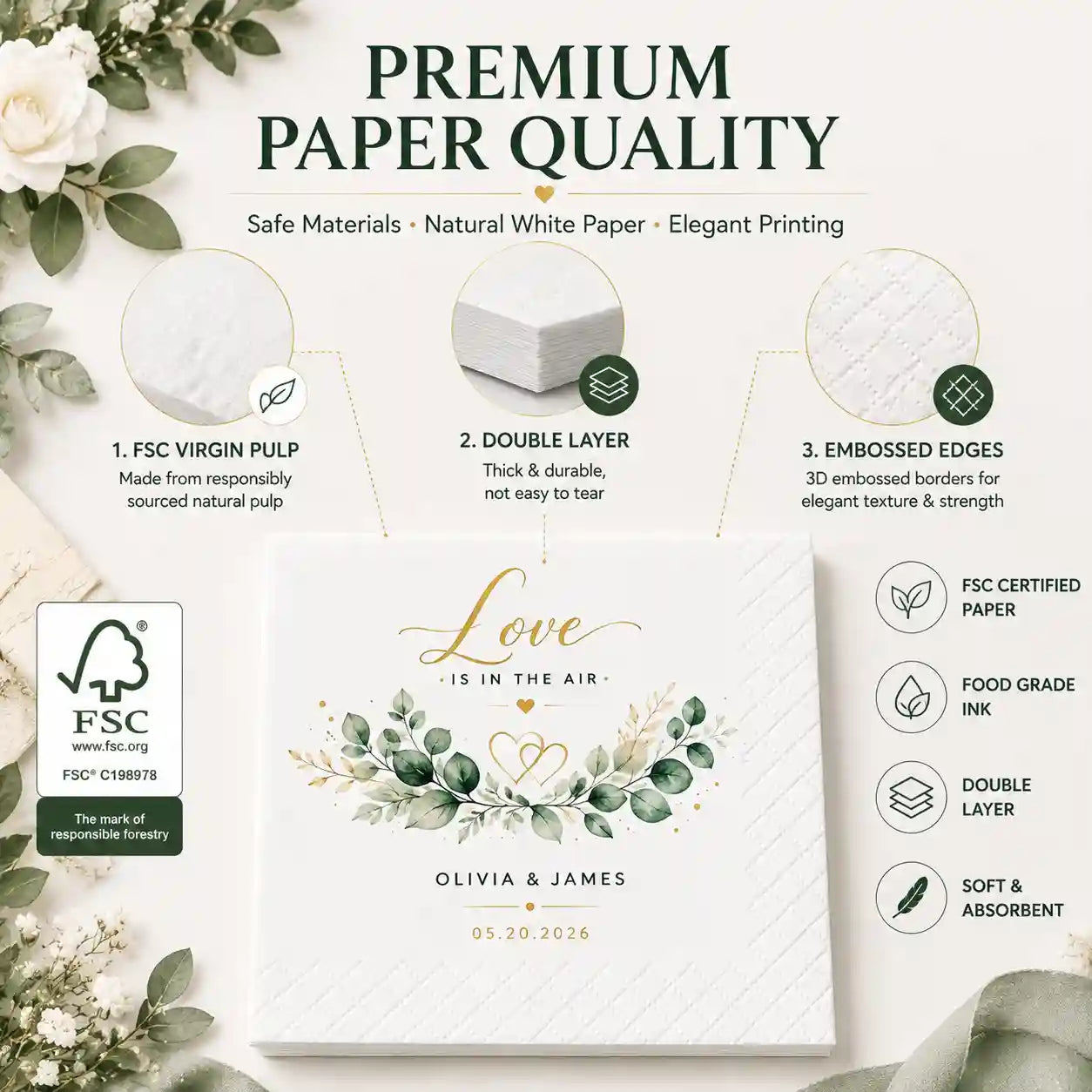Personalized wedding napkins available in six sizes from 4.53 x 4.53 inches to 7.84 x 7.84 inches