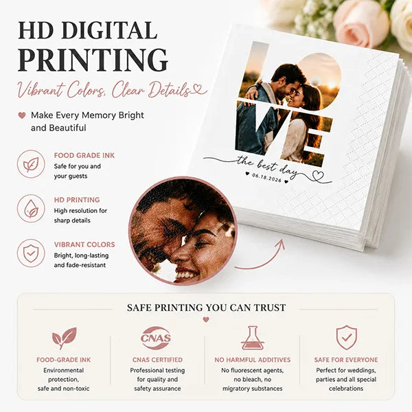 Food grade digital printing technology for personalized photo wedding napkins