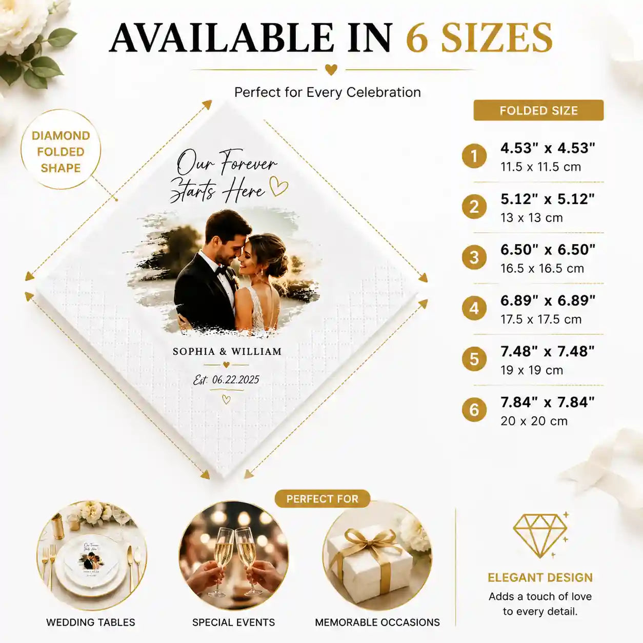 Diamond folded personalised wedding napkins available in six sizes from 4.53 to 7.84 inches