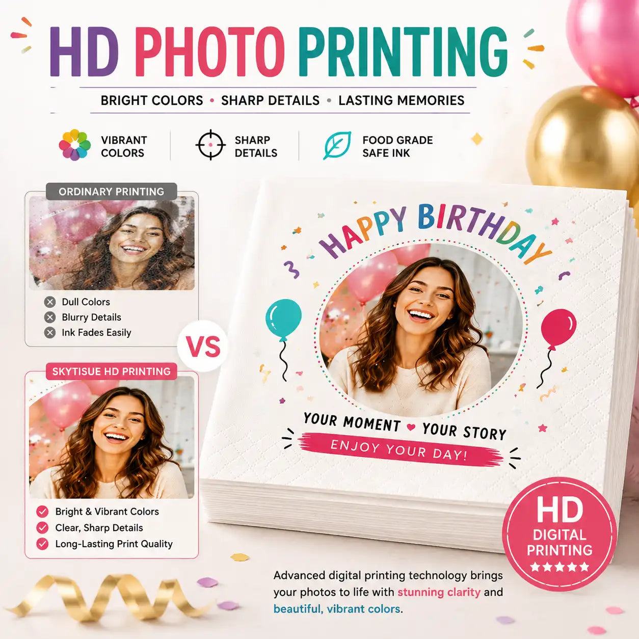 High definition custom printed birthday napkins with clear photo and color details