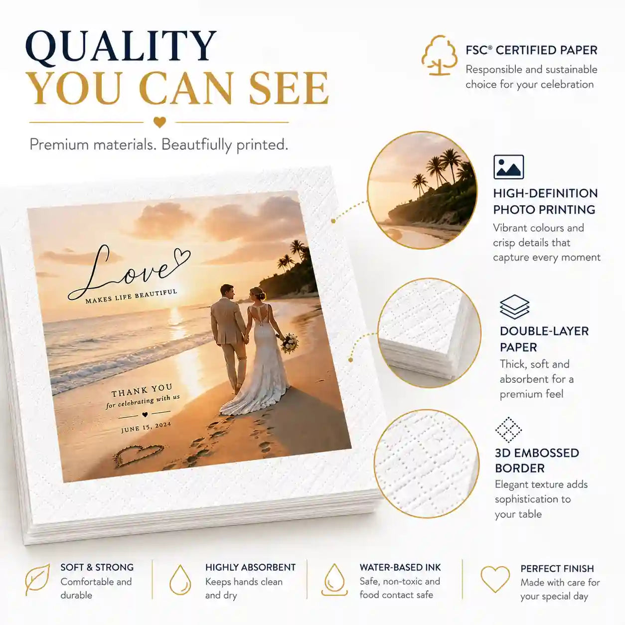 Premium photo wedding napkin with high-definition printing, double-layer paper and 3D embossed border