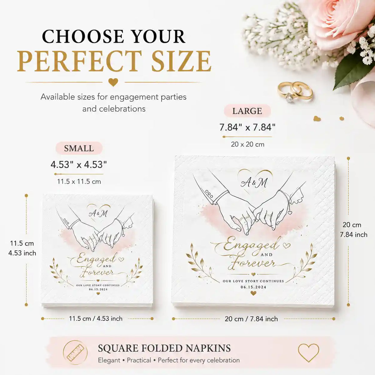 Square folded engagement napkin size guide showing 11.5 x 11.5 cm to 20 x 20 cm dimensions