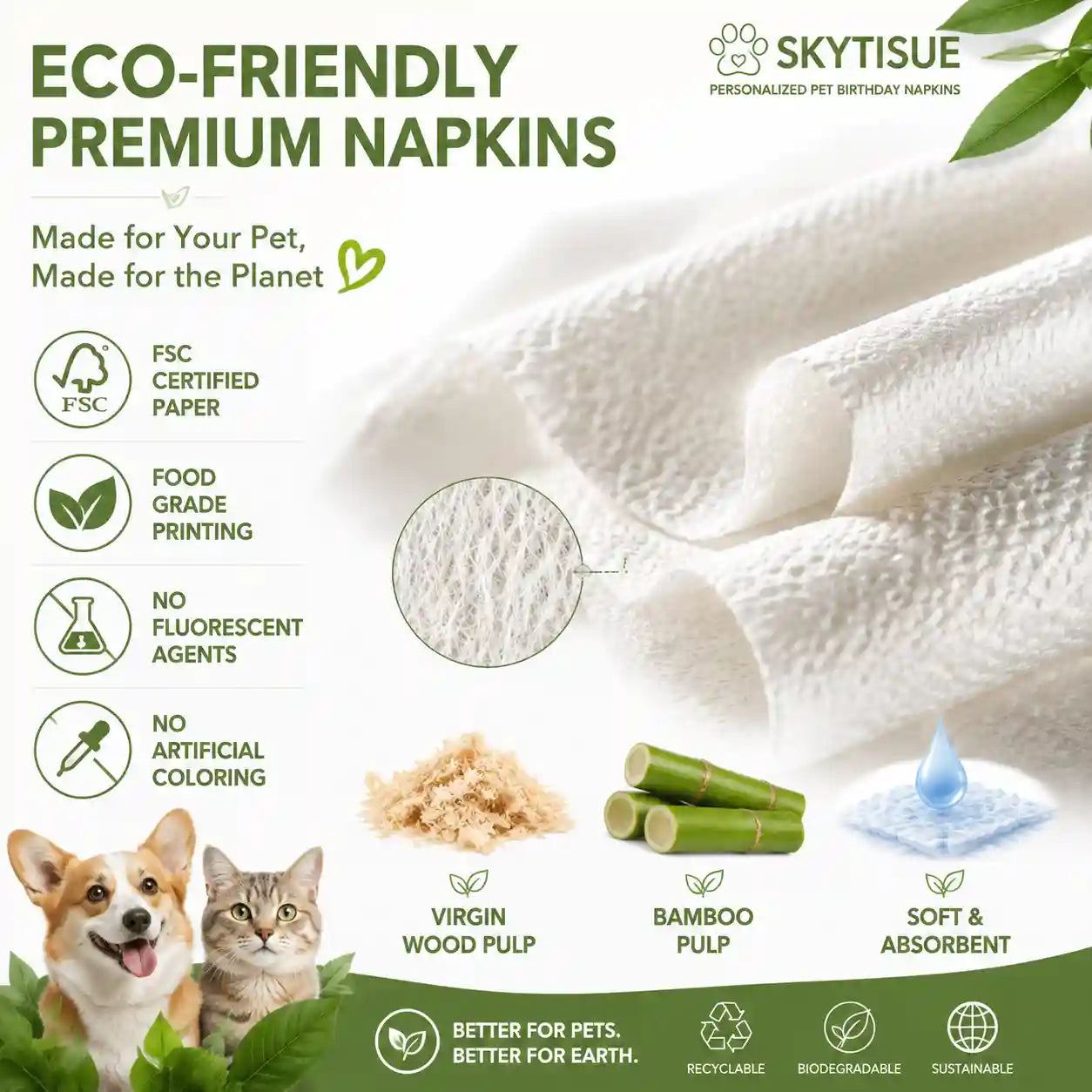 Eco friendly personalized pet birthday napkins made with FSC certified paper, virgin wood pulp and bamboo pulp for safe sustainable celebrations