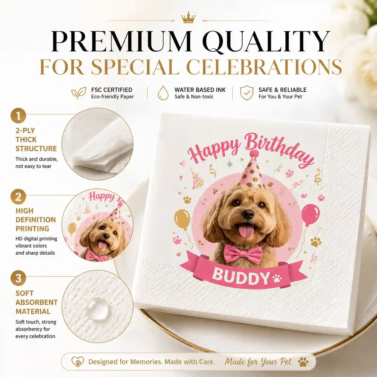 SKYTISUE 名入れペット誕生日ナプキン | 写真・名前・デザイン入り犬猫用カスタムパーティーナプキン
