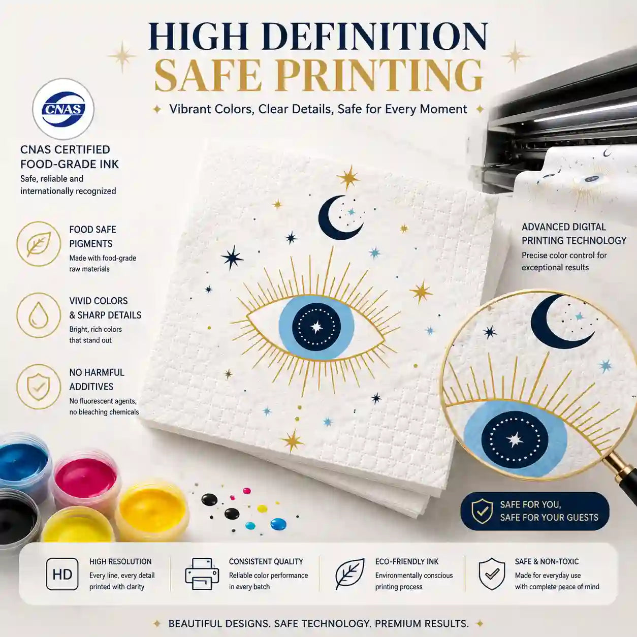 High definition digital printing technology for food safe personalized celestial napkins