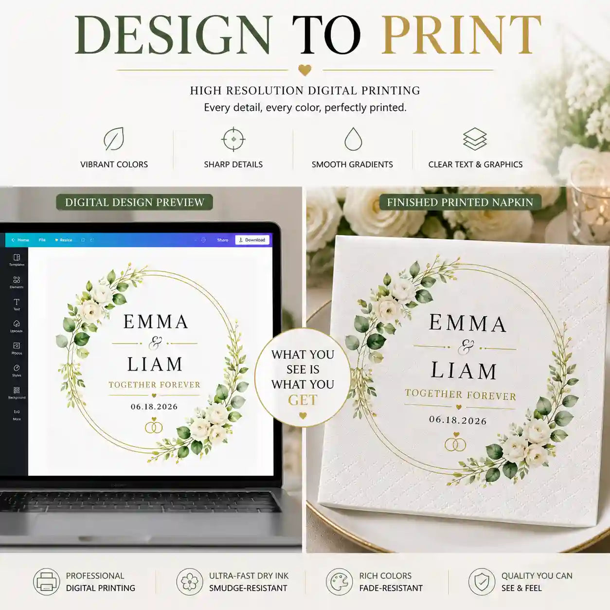 High resolution digital printing detail on personalized wedding napkins
