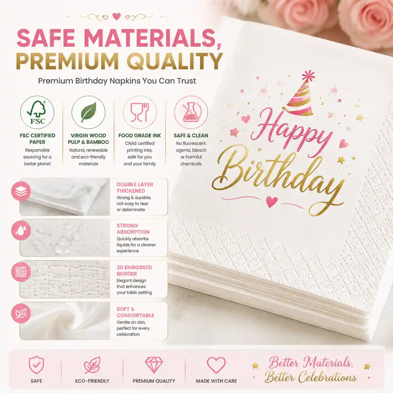 FSC certified eco friendly double layer personalized birthday napkins with premium paper quality