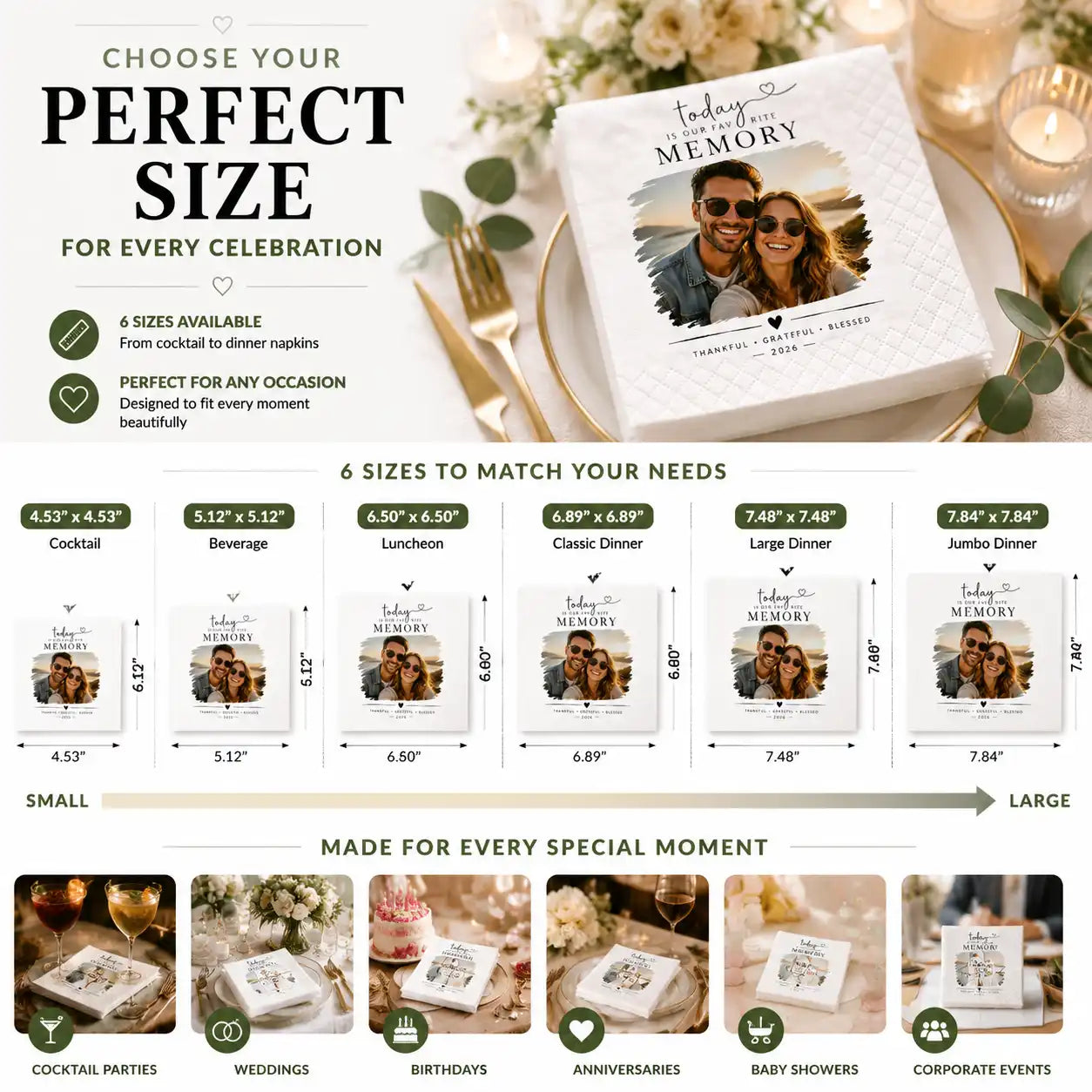 Simple custom napkin ordering process from photo upload to personalized product delivery