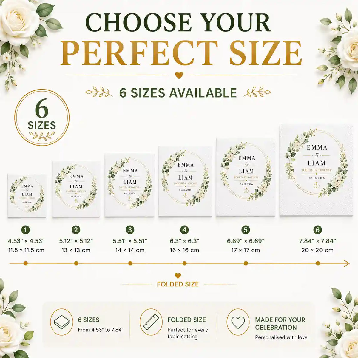 Square personalised wedding napkins available in six folded sizes from 4.53 to 7.84 inches