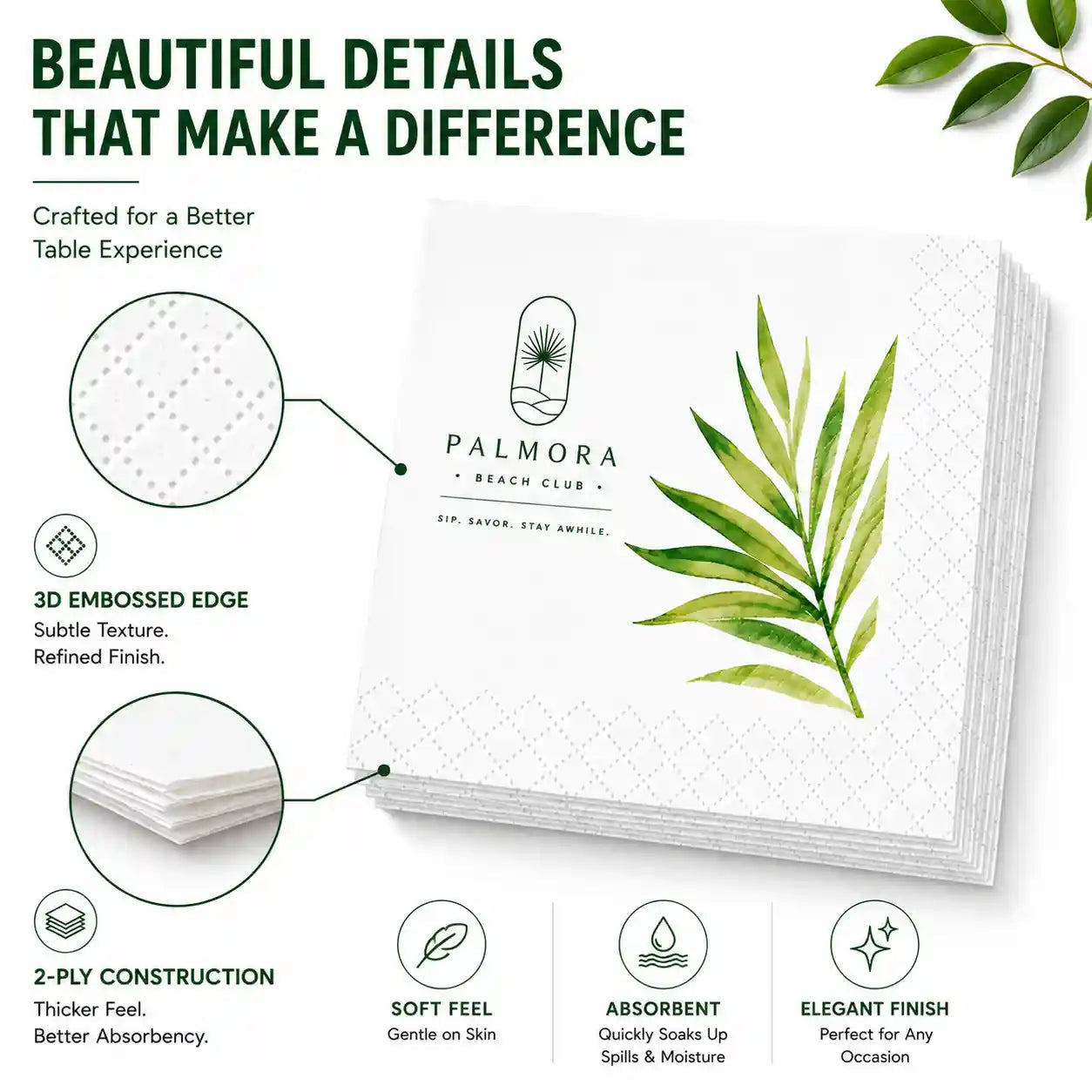 Personalised napkin with 3D embossed edge and 2-ply paper construction detail