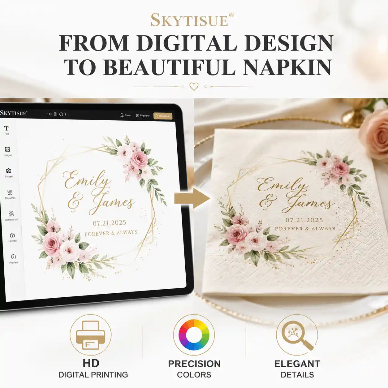 SKYTISUE personalized wedding napkins with high definition digital printing, detailed floral artwork, and clear custom designs