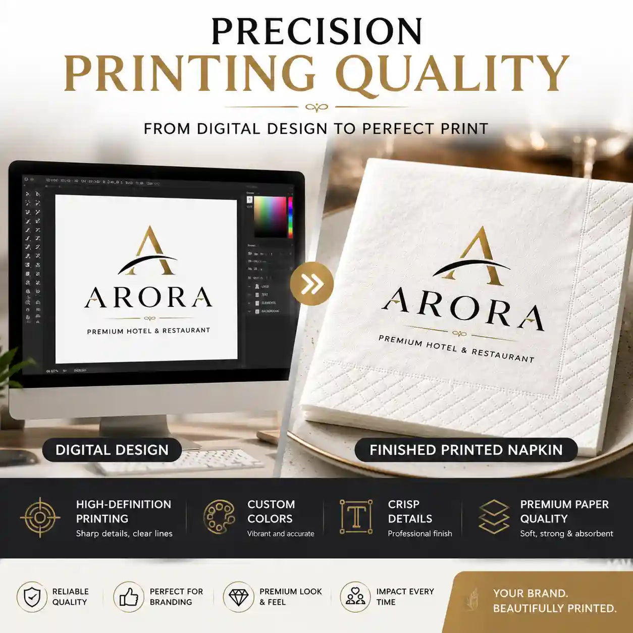 Branded restaurant napkins creating premium dining experience and customer brand recognition