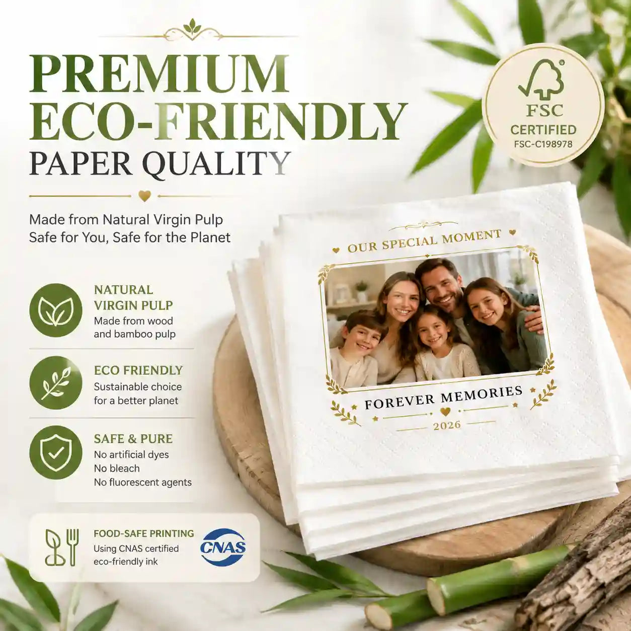 Eco friendly FSC certified personalized napkins made with premium virgin pulp paper