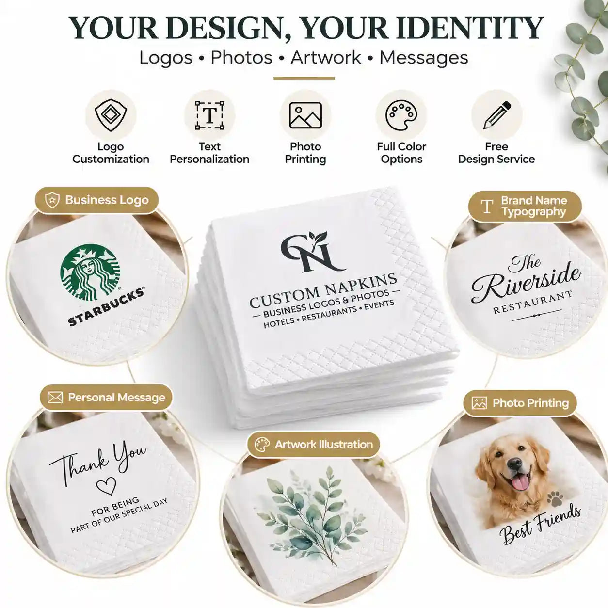 Personalized napkins featuring custom logos, artwork, photos, and messages with flexible design options
