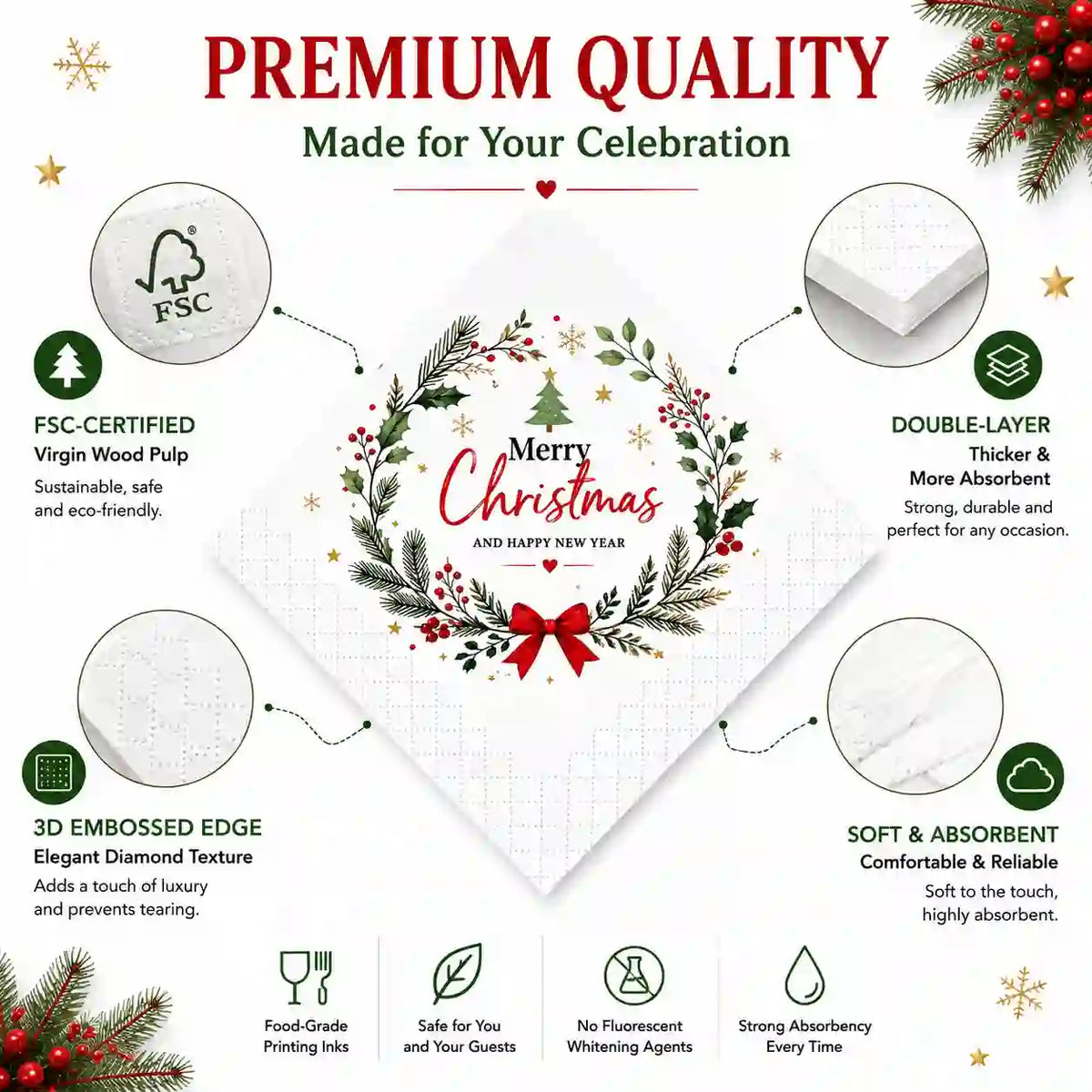 FSC-certified personalised paper napkin with double-layer construction and 3D embossed diamond border