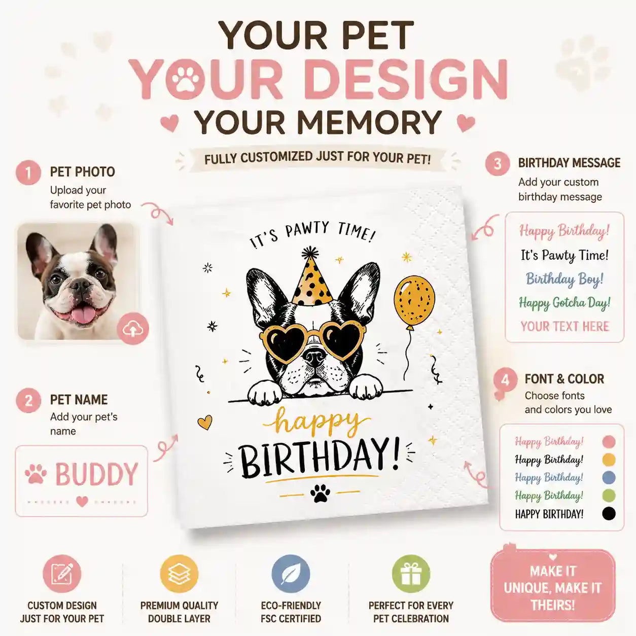 Custom pet napkins personalized with pet photo name message and design options