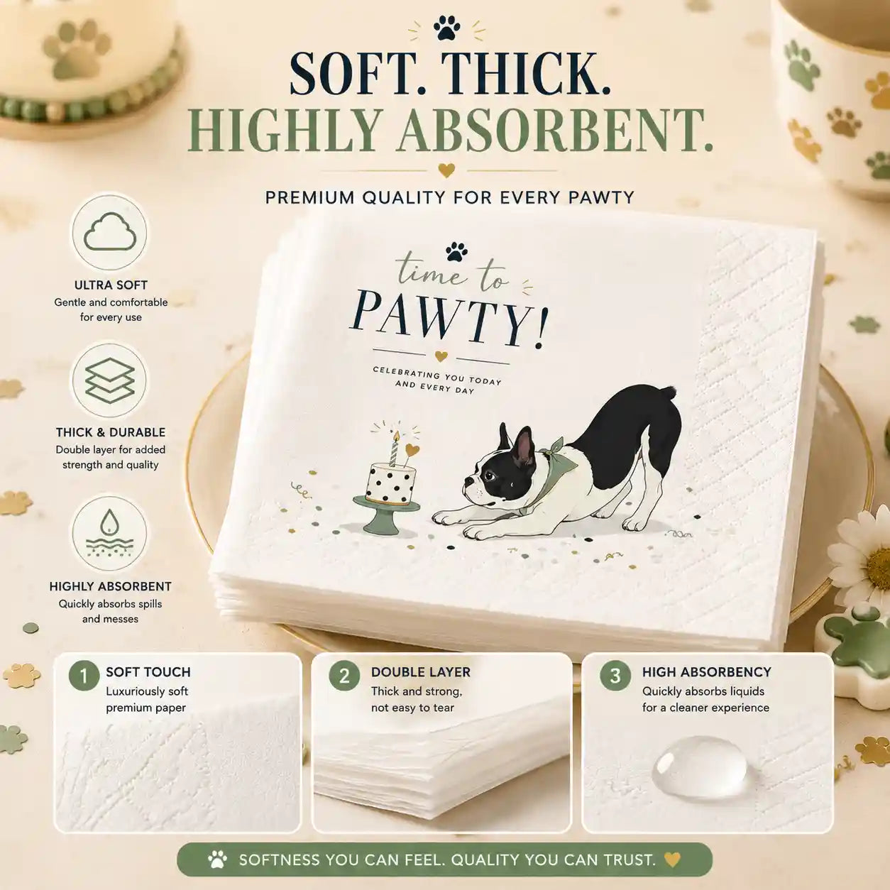 Soft thick absorbent personalized pet birthday napkins with embossed premium texture