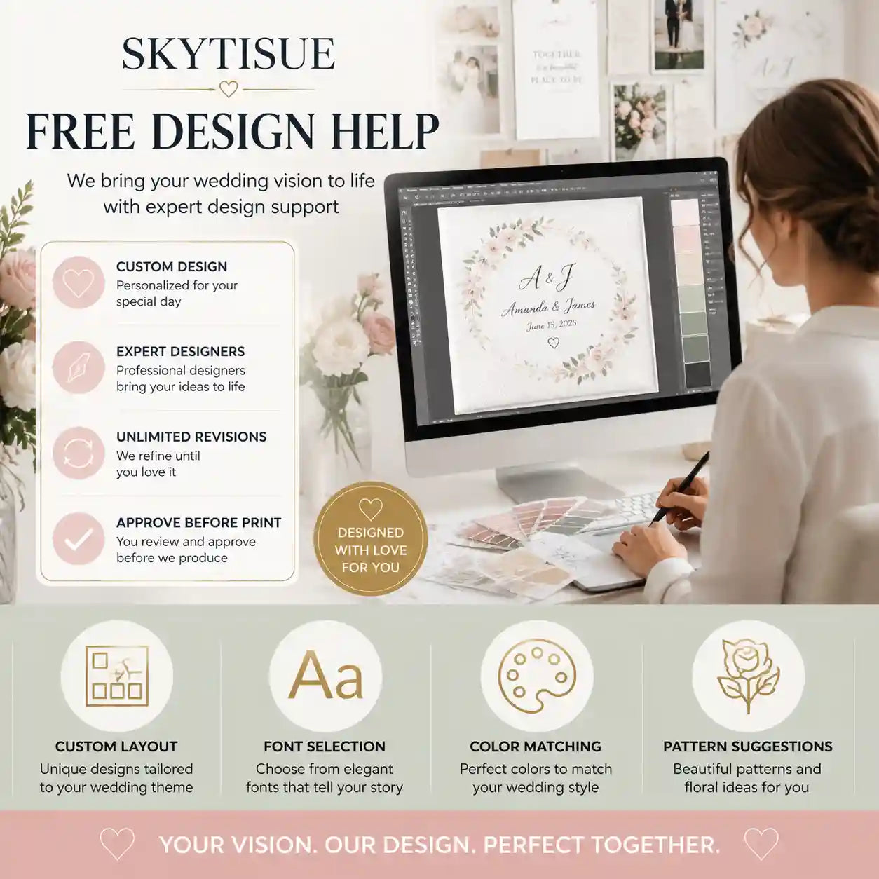 SKYTISUE custom wedding napkins with free design preview, customer approval process, and professional personalized printing service