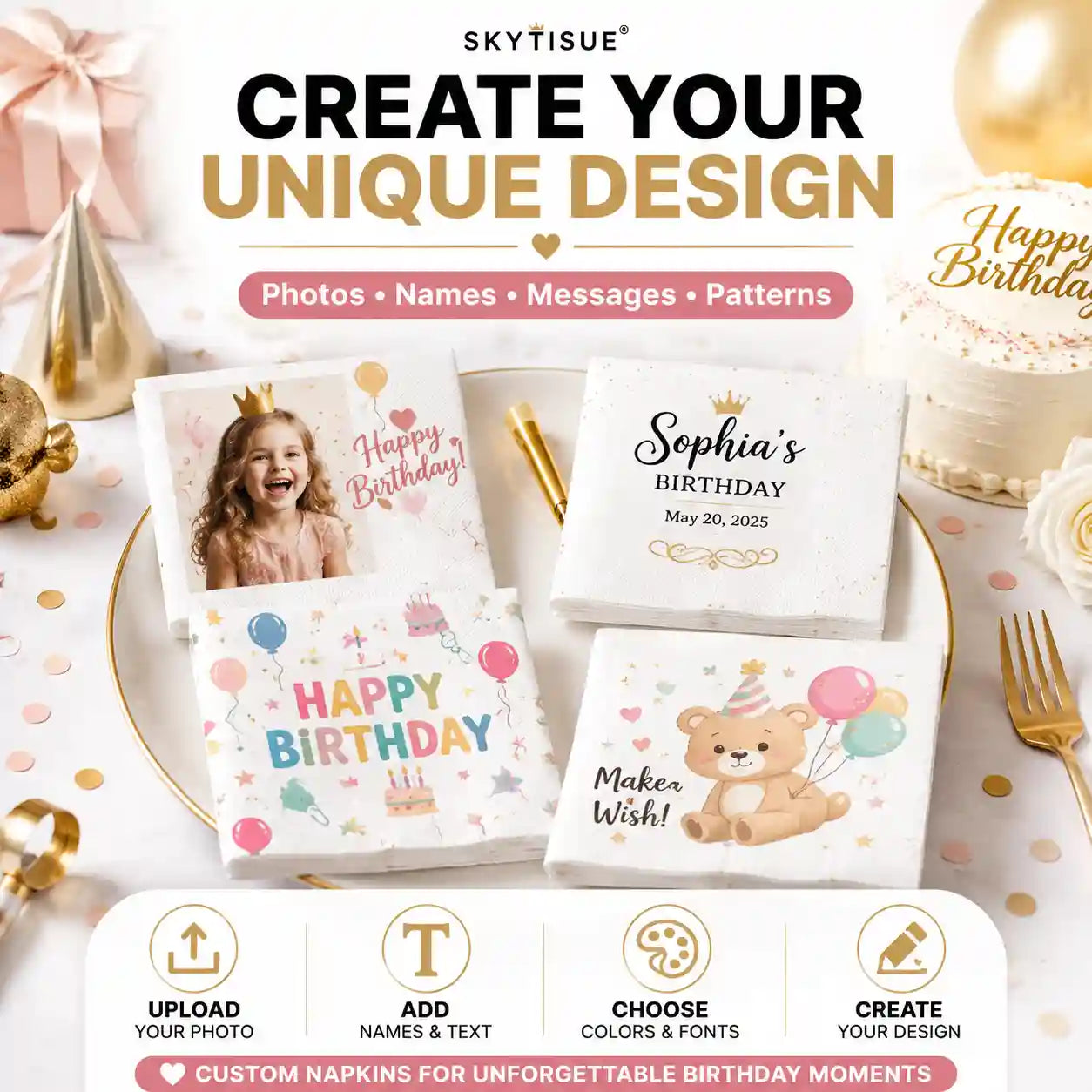 Personalized birthday napkins displayed on an elegant party table with cake, balloons and celebration decorations