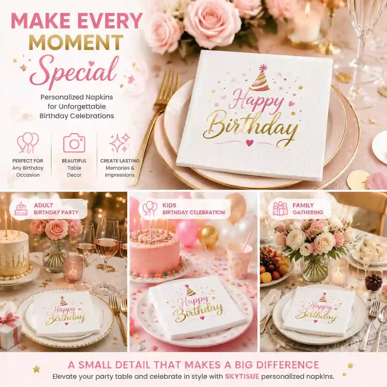 Elegant birthday party table decoration with personalized SKYTISUE napkins