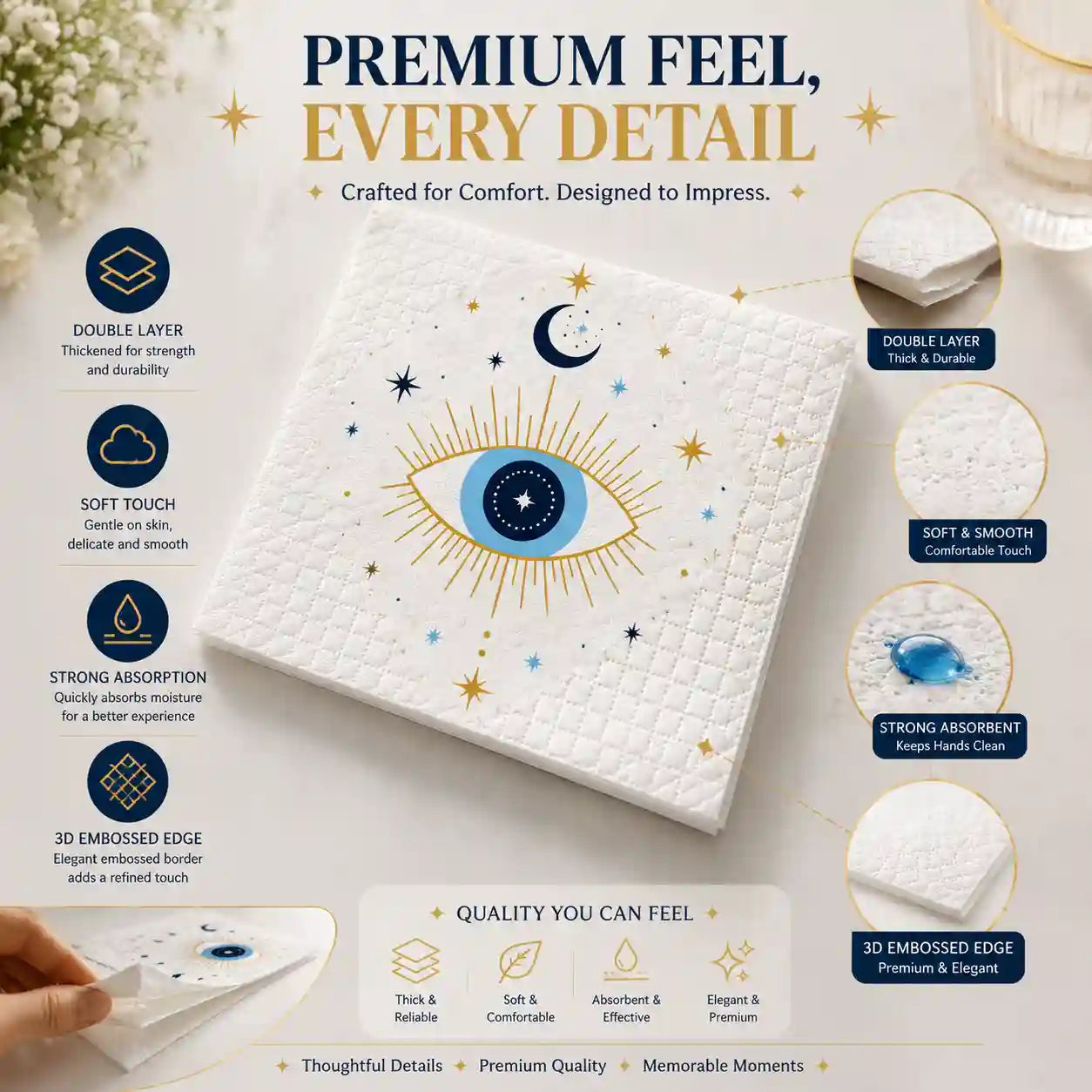 Premium double layer personalized napkins with soft texture absorbent paper and embossed edges