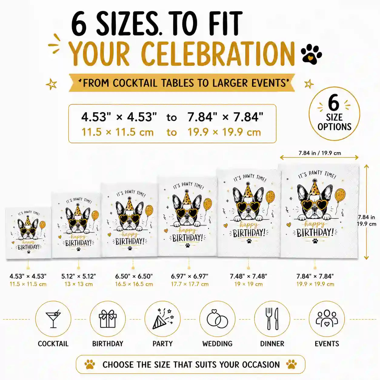 Six sizes of custom personalised napkins for cocktails, weddings, parties and dining