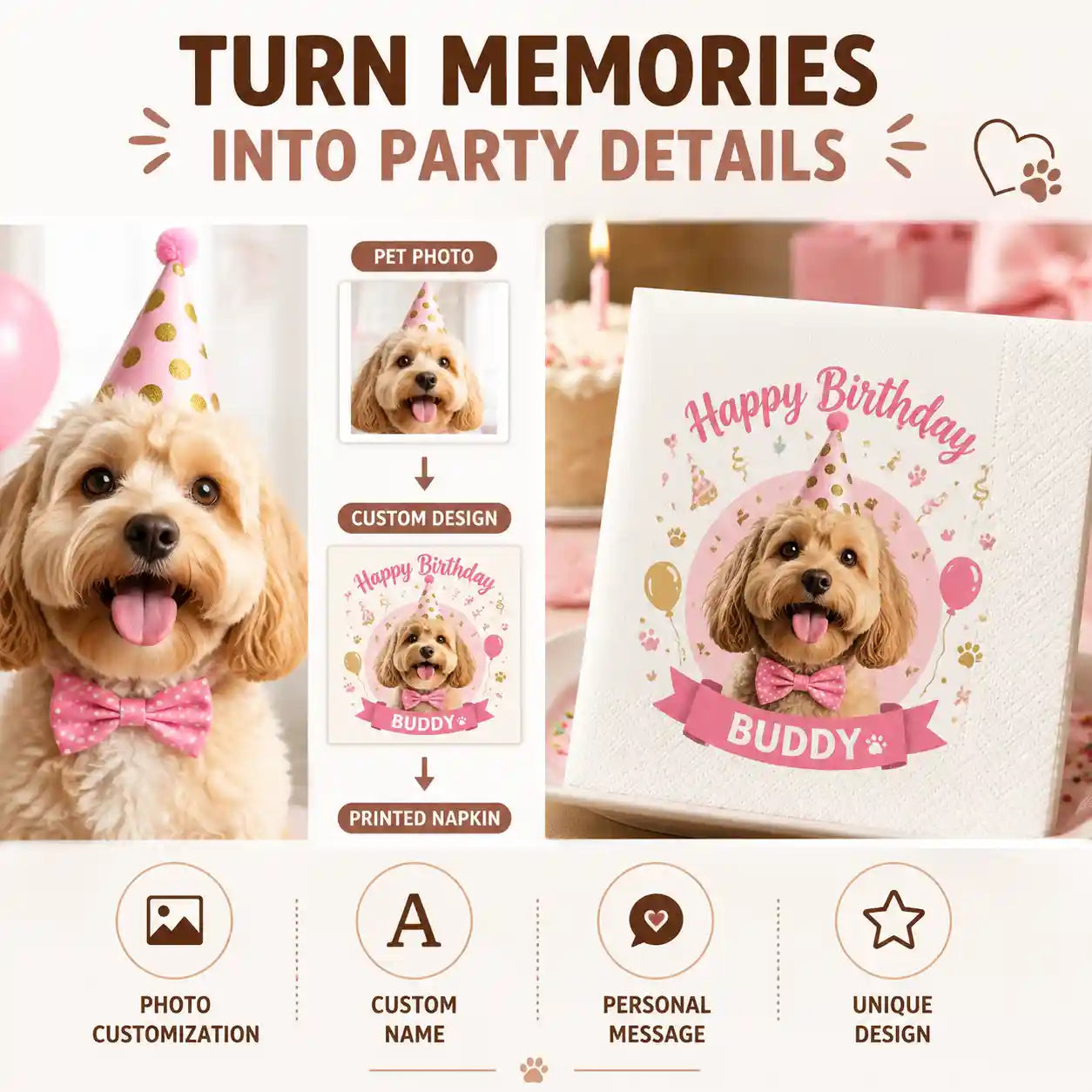 SKYTISUE 名入れペット誕生日ナプキン | 写真・名前・デザイン入り犬猫用カスタムパーティーナプキン