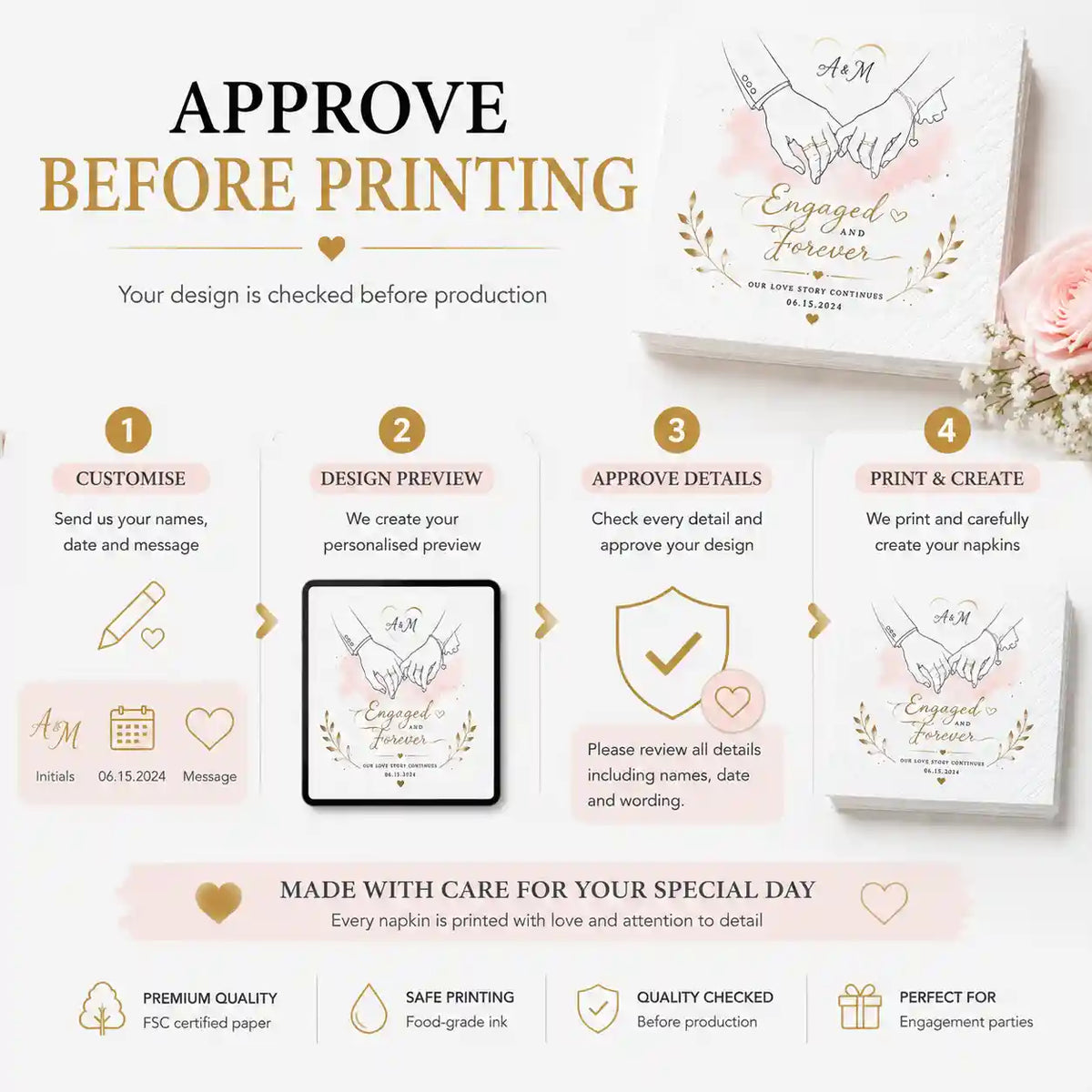 Personalised engagement napkin order process with customisation, design preview, approval and printing