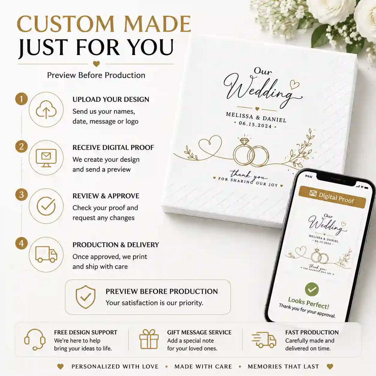 Custom wedding napkins preview process showing digital proof approval before personalised napkin production