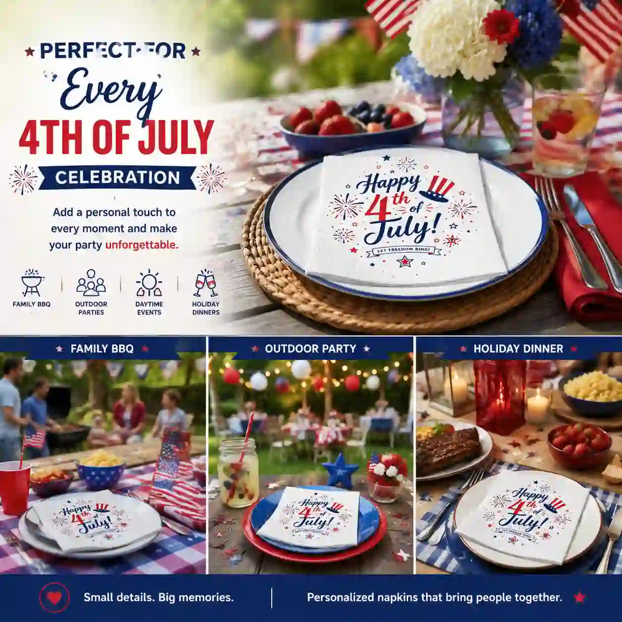Personalized Fourth of July napkins displayed at outdoor BBQ parties and Independence Day celebrations