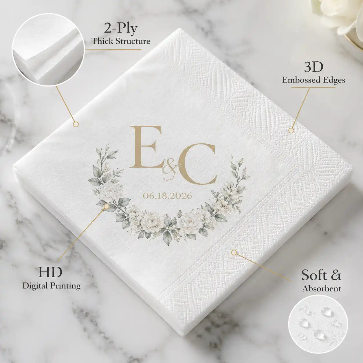 Premium thick 2 ply custom wedding napkins with embossed edges