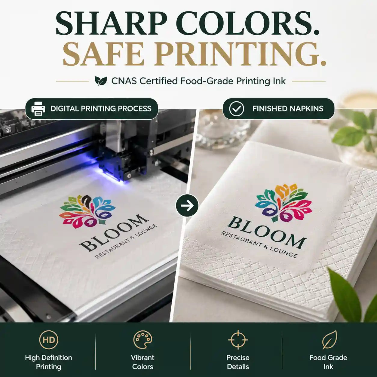 High definition printed custom napkins with clear logo details using professional food grade printing technology