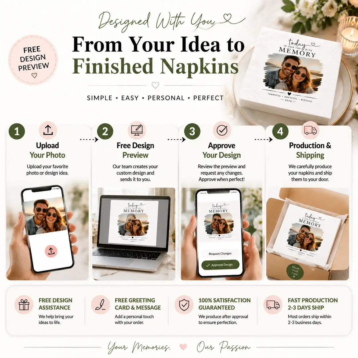 Custom napkins available in multiple sizes for weddings parties and special celebrations