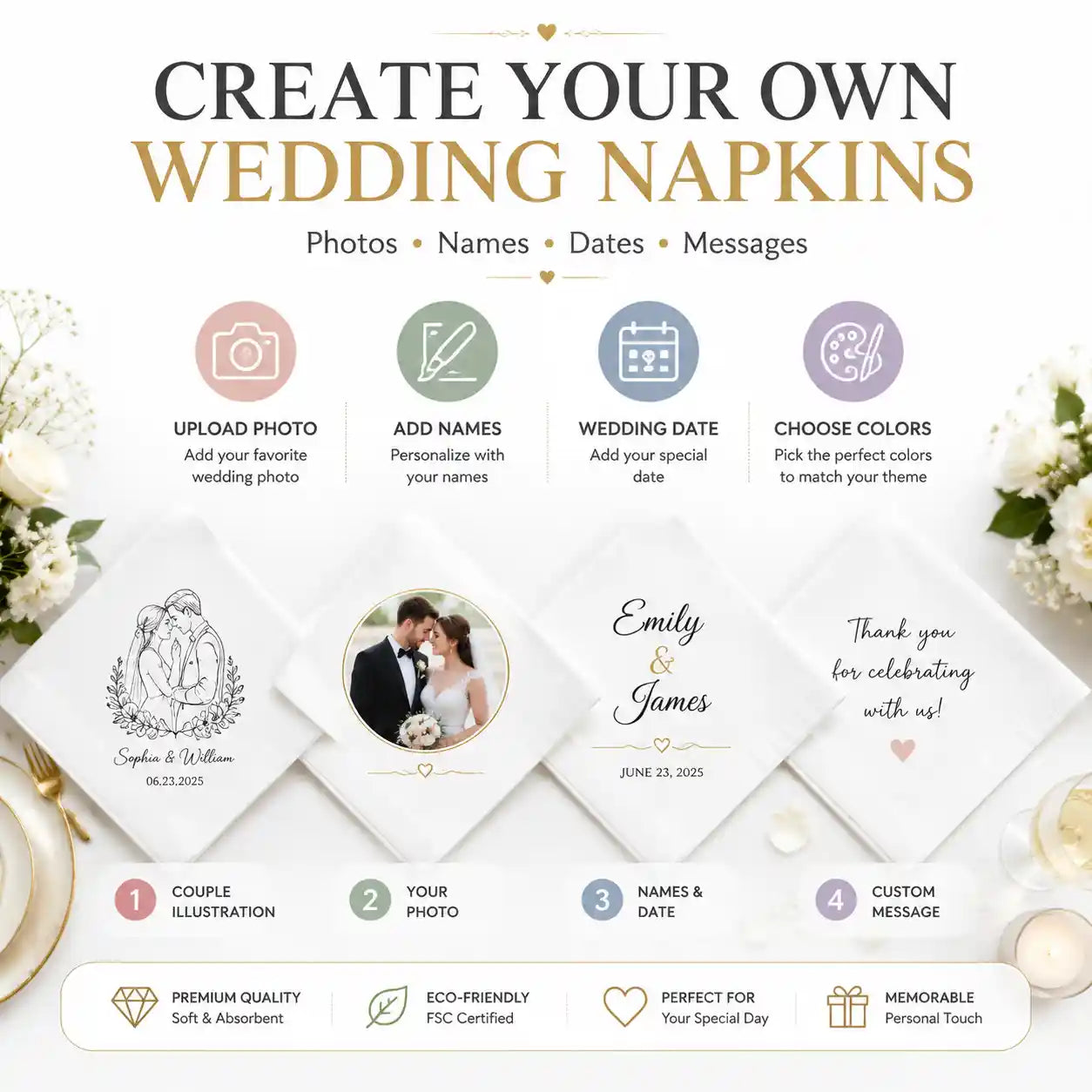 Custom wedding napkins with personalized photos, names, dates and messages for unique wedding celebrations