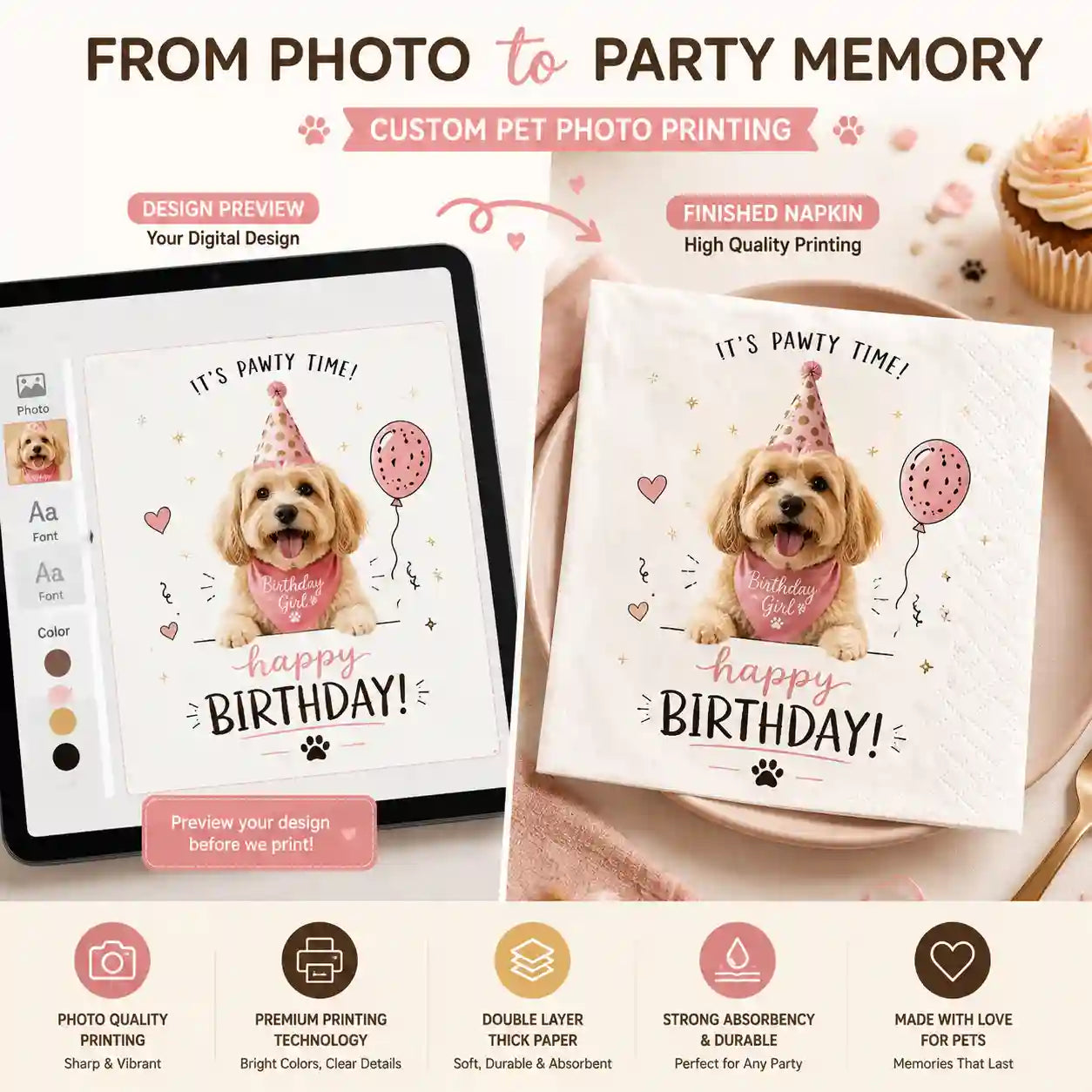 Custom pet photo napkins showing premium printing quality from digital design to finished product