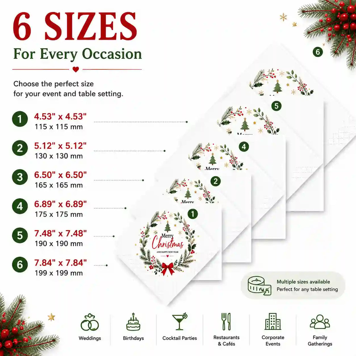 Custom napkins available in six folded sizes from 4.53 × 4.53 to 7.84 × 7.84 inches