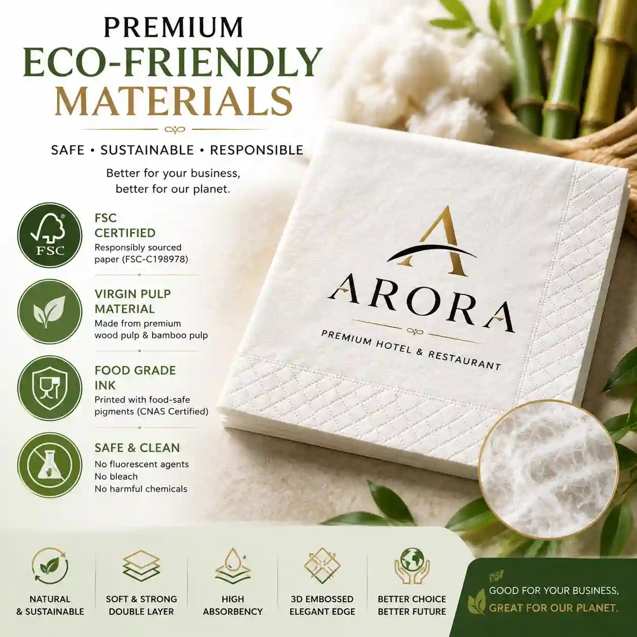 FSC certified eco friendly custom napkins made with virgin pulp and food grade ink