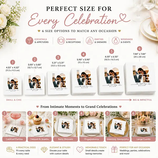 Six size options for custom wedding napkins and different celebration occasions