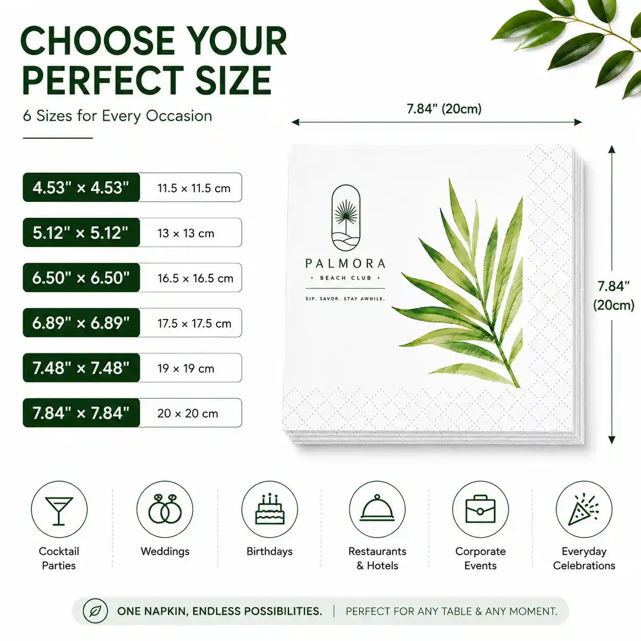 Six sizes of custom personalised napkins for cocktails, weddings, parties and dining
